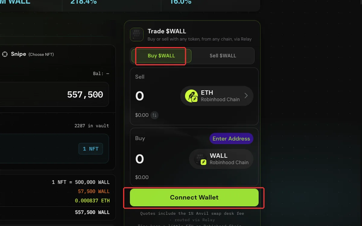 The Buy $WALL panel on the Anvil market page