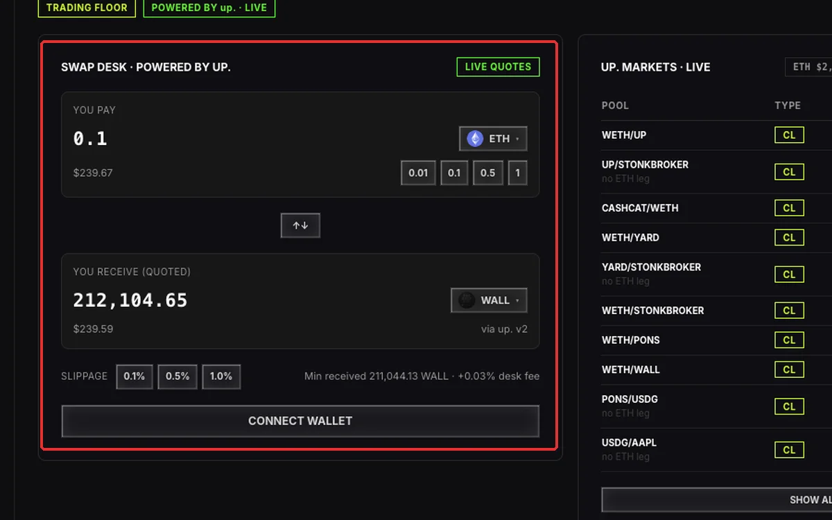 The Stonk Exchange swap desk quoting ETH to $WALL