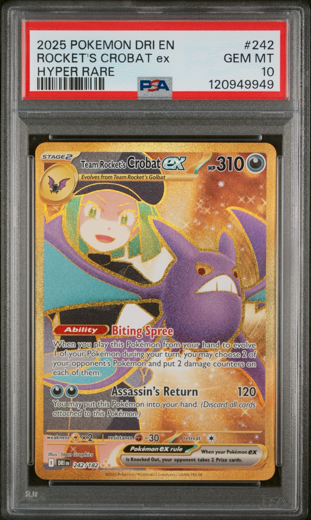 2025 #242 Team Rocket's Crobat EX PSA 10 Dri EN-Destined Rivals Pokemon